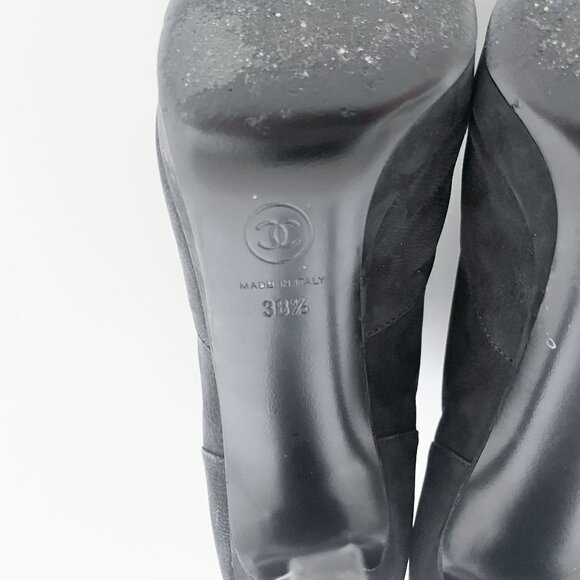 Chanel Lace Up CC Booties EU 38.5 US 7.5-8 Black Cap Toe High Heel Ankle Boot - Picture 12 of 15